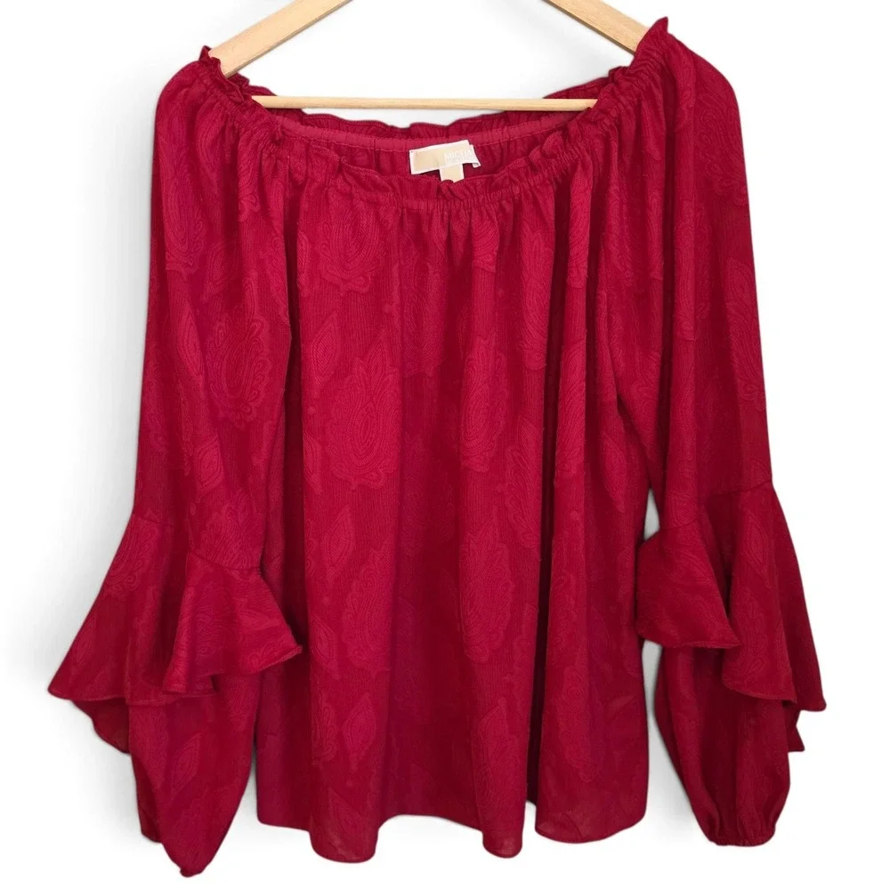 MICHAEL Michael Kors Top Medium M Red Jacquard Off Shoulder Ruffle Bell Sleeve